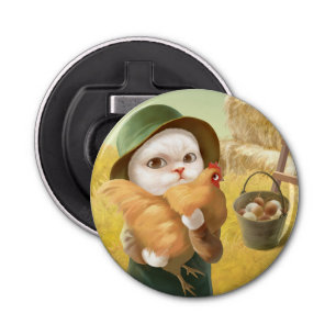 Adorable Cat with Hen on Farm Bottle Opener