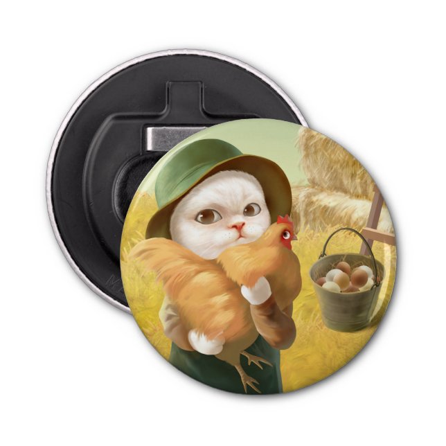 Adorable Cat with Hen on Farm Bottle Opener (Front)