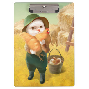 Adorable Cat with Hen on Farm Clipboard