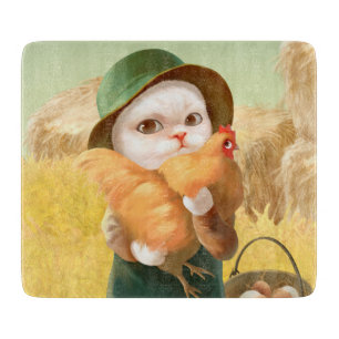 Adorable Cat with Hen on Farm Cutting Board