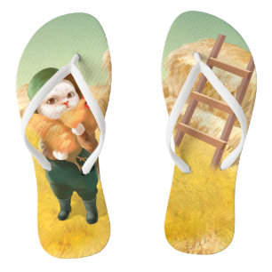 Adorable Cat with Hen on Farm Flip Flops