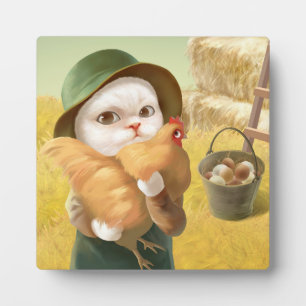 Adorable Cat with Hen on Farm Plaque