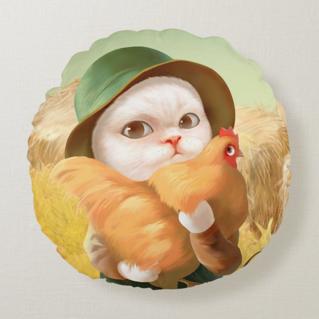 Adorable Cat with Hen on Farm Round Pillow (Front)