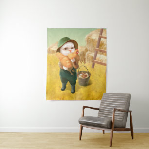 Adorable Cat with Hen on Farm Tapestry
