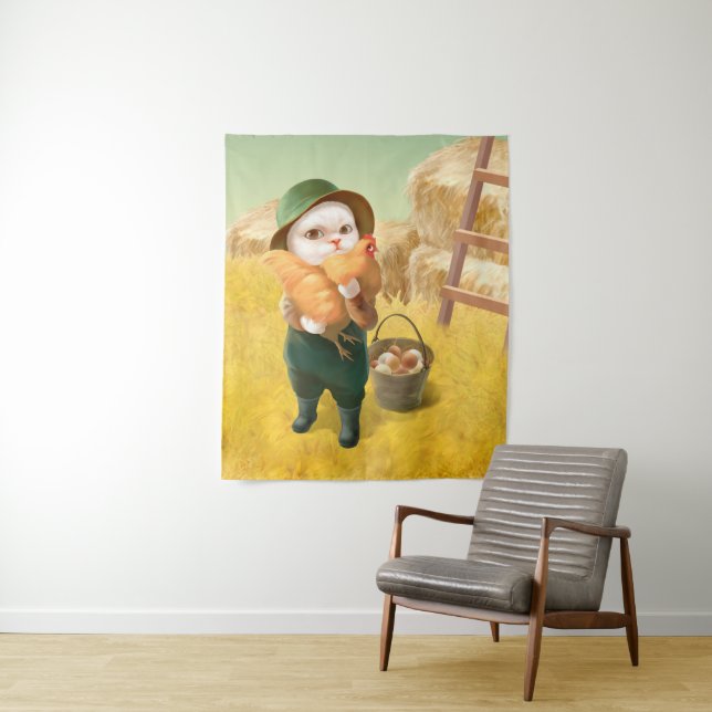 Adorable Cat with Hen on Farm Tapestry (In Situ)