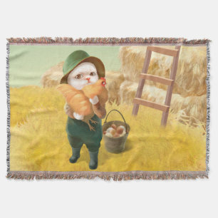 Adorable Cat with Hen on Farm Throw Blanket