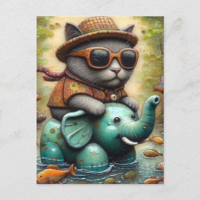 Adorable Cat With on Elephant Floatie Postcard (Front)