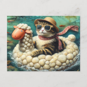 Adorable Cat With on Sheep Floatie Postcard