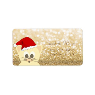 Adorable Cat With SantaHat, Glittery Bokeh Label