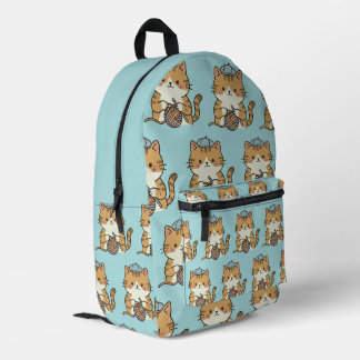 Adorable Cat with Yarn Ball Blue Hat Graphic Art Printed Backpack
