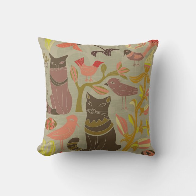 Adorable Cats And Birds Pillow (Front)