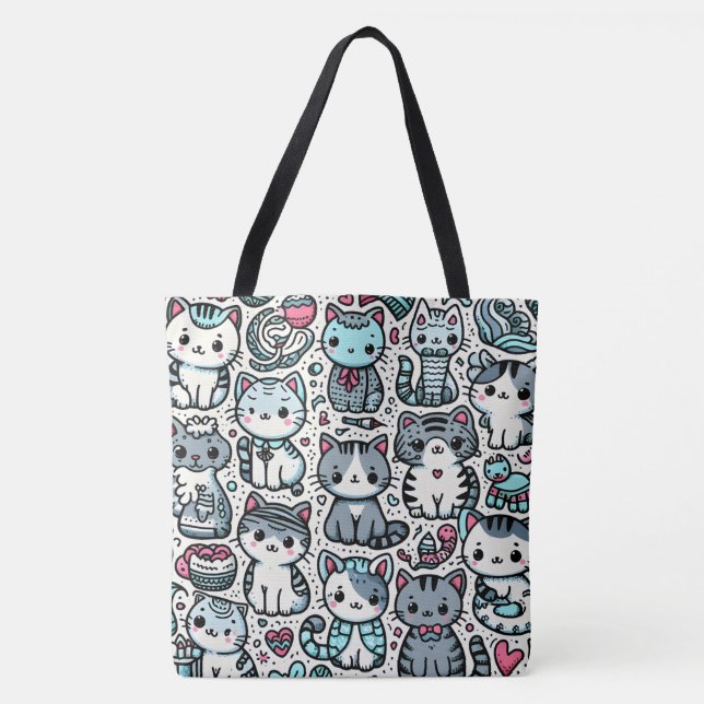 Adorable Cats Doodle All-Over-Print Tote Bag (Front)