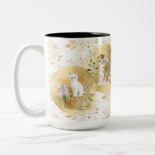 Adorable Cats Mug Gold White Watercolor 15 oz