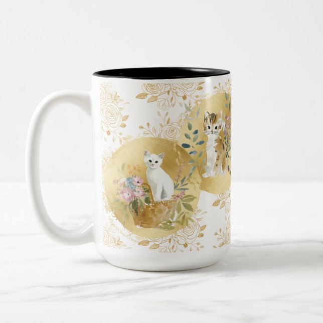 Adorable Cats Mug Gold White Watercolor 15 oz (Left)