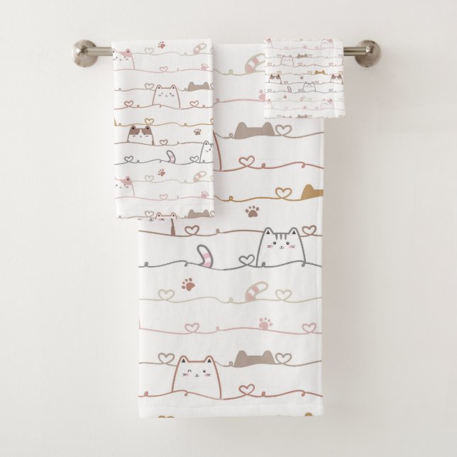 Adorable Cats Peeking Over Hearts  Bath Towel Set (Insitu)