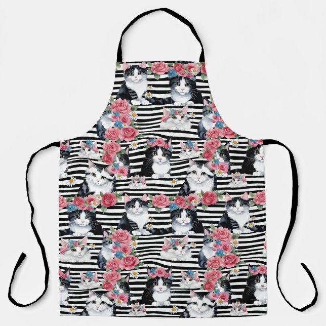 Adorable Cats Pink Roses and Black Stripes Apron (Front)