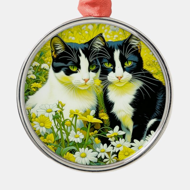 Adorable Cats sitting in a field of Daisies  Metal Ornament (Front)