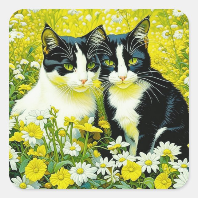 Adorable Cats sitting in a field of Daisies  Square Sticker (Front)