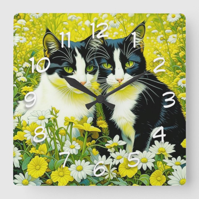 Adorable Cats sitting in a field of Daisies  Square Wall Clock (Front)