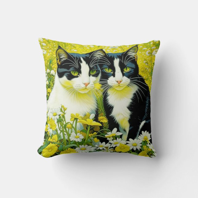 Adorable Cats sitting in a field of Daisies  Throw Pillow (Front)
