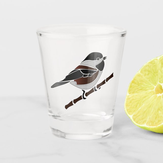 Adorable Chestnut Backed Chickadee Bird Shot Glass (Front)
