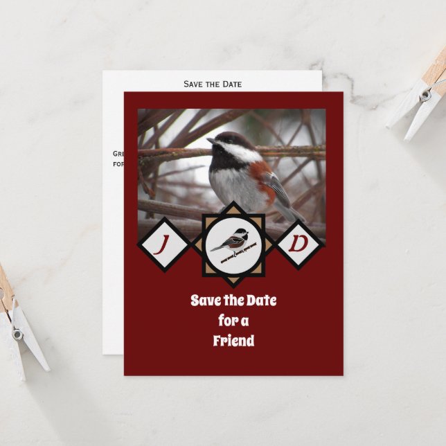 Adorable Chestnut Backed Chickadee Monogram Photo  Invitation (Front/Back In Situ)