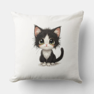 Adorable chibi kitten with fluffy black‑and‑white throw pillow