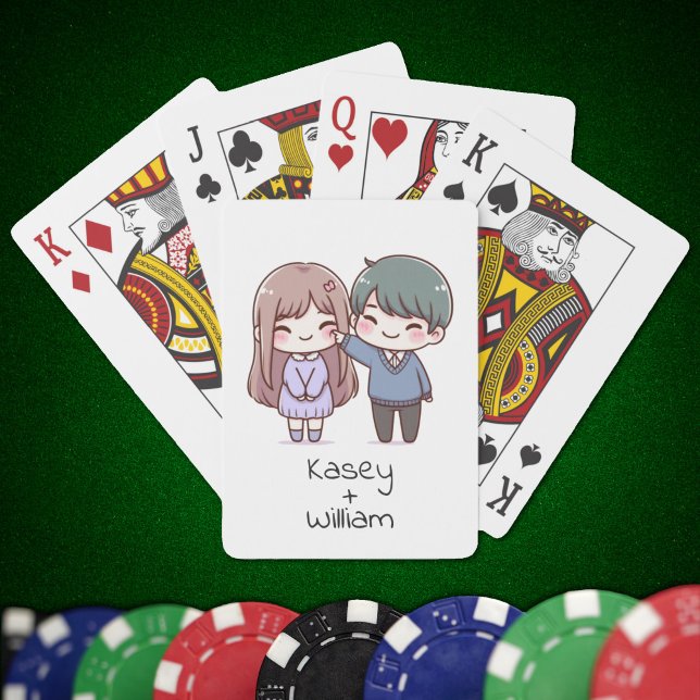 Adorable Chibi-Style Couple Personalized Playing Cards (Sweet Personalized Chibi-style couple Playing Cards)