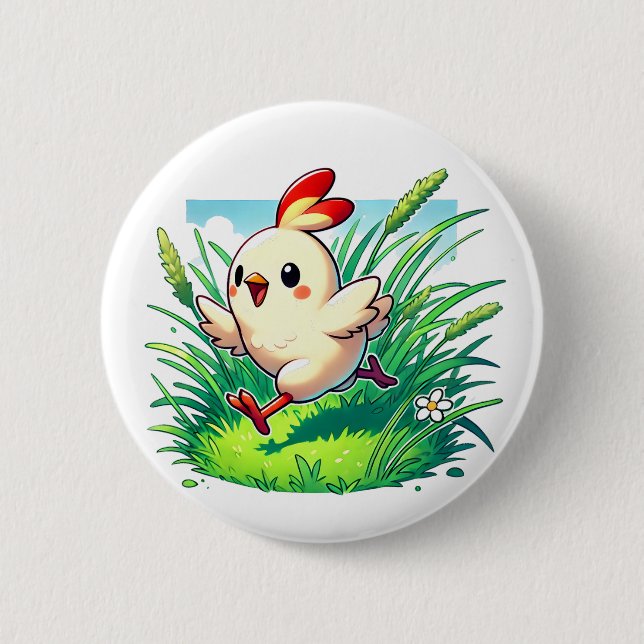 Adorable chicken running happily 2 inch round button (Front)