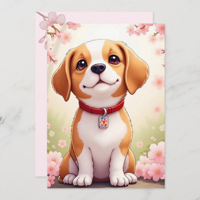 Adorable chien et fleurs Carte de vacances plat (Devant / Derrière)