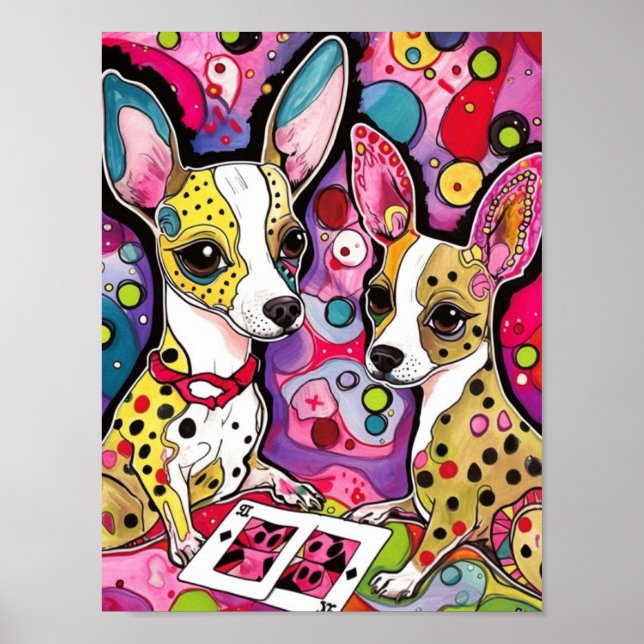 Adorable Chihuahua chiens jouant aux cartes Poster (Devant)