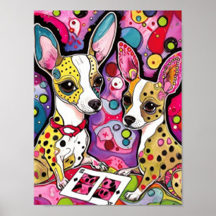 Adorable Chihuahua dogs playing cards Poster