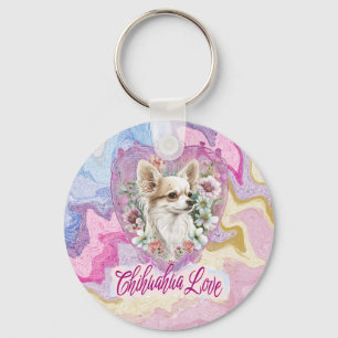 Adorable Chihuahua with flowers pink theme Keychain