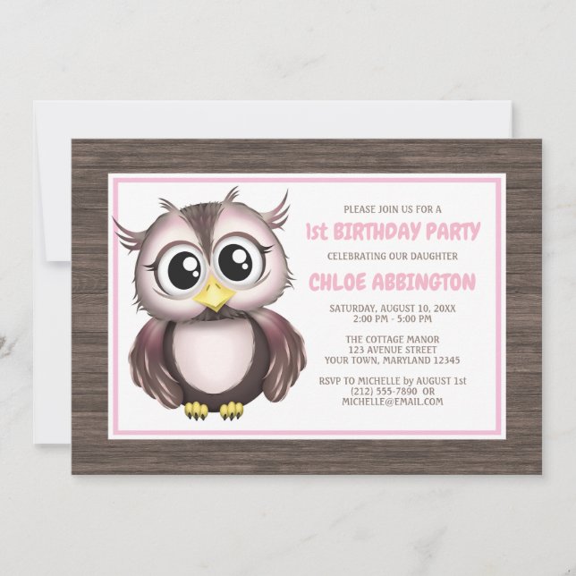 Adorable Chouette Brown rose Invitations d'anniver (Devant)