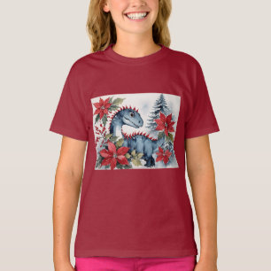 Adorable Christmas Baby Dinosaur & Poinsettias T-Shirt