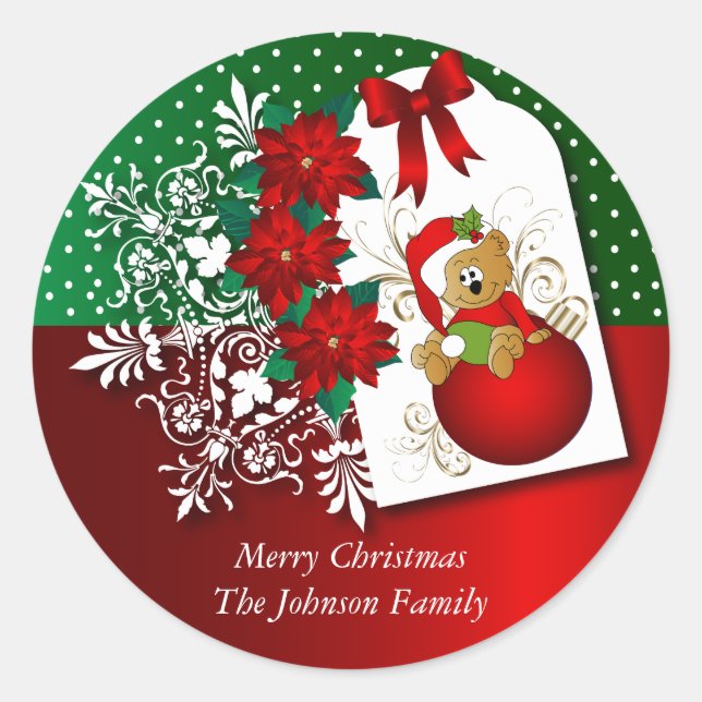 Adorable Christmas Bear Illustration Classic Round Sticker (Front)