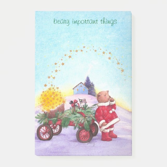 Adorable Christmas Bear with Red Wagon Post-it Notes (Front)