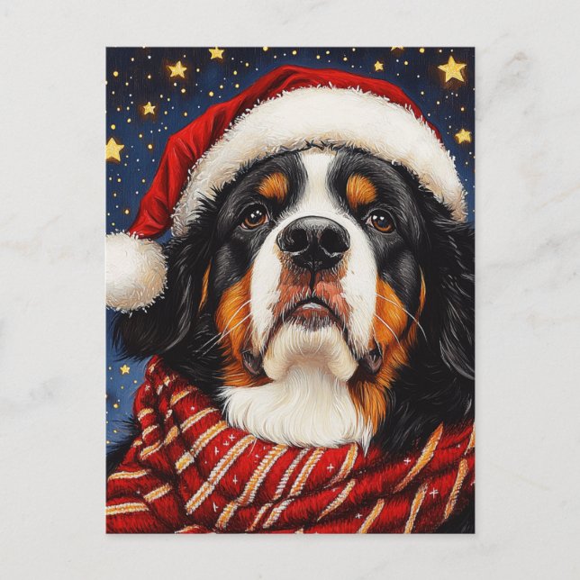 Adorable Christmas Bernese Mountain Dog Postcard (Front)