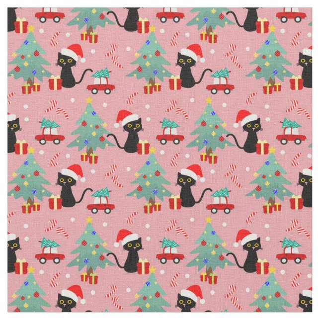 Adorable Christmas Black Cats Fabric (Close Up)