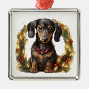 ADORABLE CHRISTMAS BLACK TAN DACHSHUND DOG METAL ORNAMENT