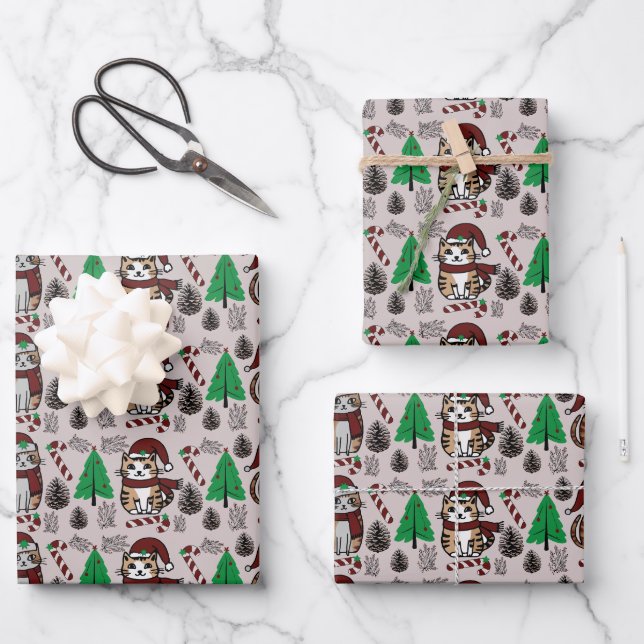 Adorable Christmas Cats with Trees Wrapping Paper Sheet (Front)