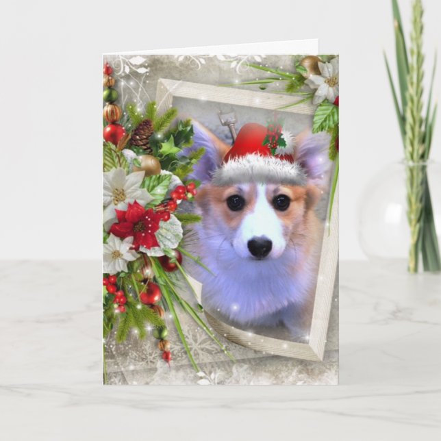 Adorable Christmas Corgi Puppy with white Frame Holiday Card (Front)