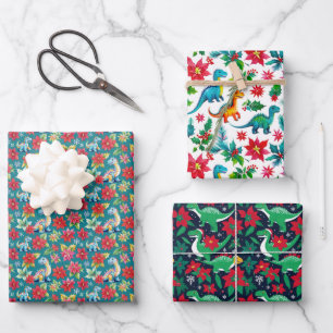 Adorable Christmas Dinosaurs And Poinsettias Wrapping Paper Sheet