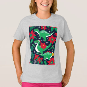 Adorable Christmas Dinosaurs With Poinsettias T-Shirt
