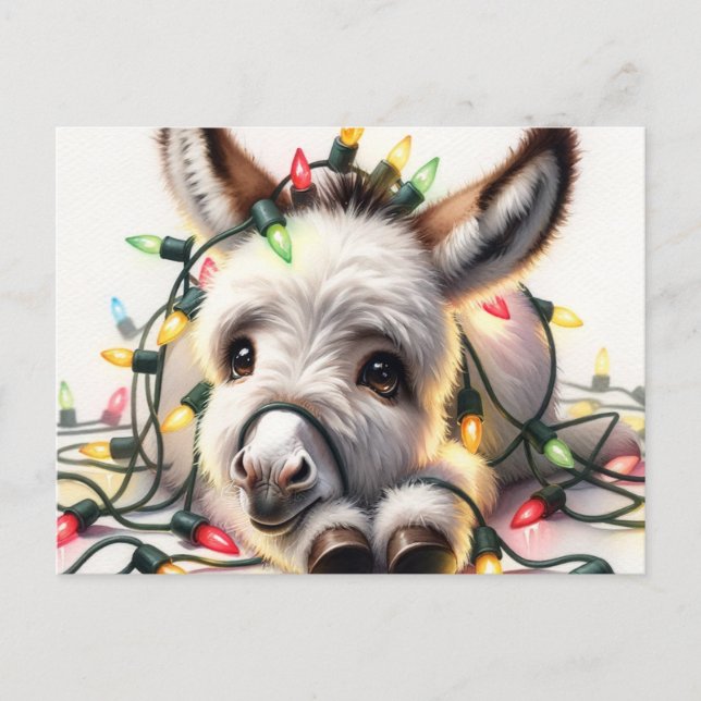 Adorable Christmas Donkey Wrapped in Lights Postcard (Front)