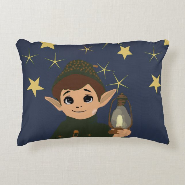 Adorable Christmas Elf and Starry Night Accent Pillow (Front)