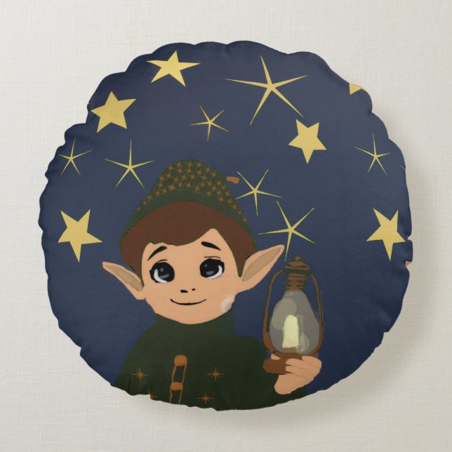 Adorable Christmas Elf and Starry Night Round Pillow (Front)