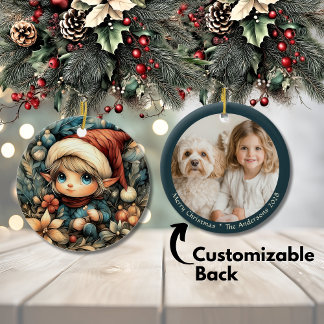Adorable Christmas Elf Customizable Ceramic Ornament