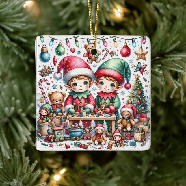Adorable Christmas Elves in their Toy Shop Ceramic Ornament (Tree)