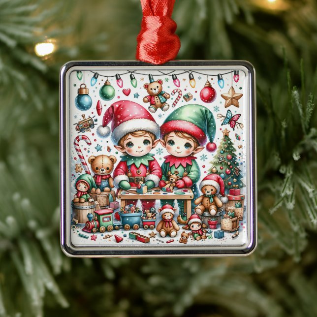 Adorable Christmas Elves in their Toy Shop Metal Ornament (Tree)